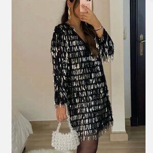 Zara Fringed Sequin Mini Shift Dress Long Sleeve Black Silver Size XXL